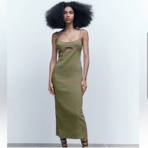 Zara Olive Green Cutout Slip Midi Dress